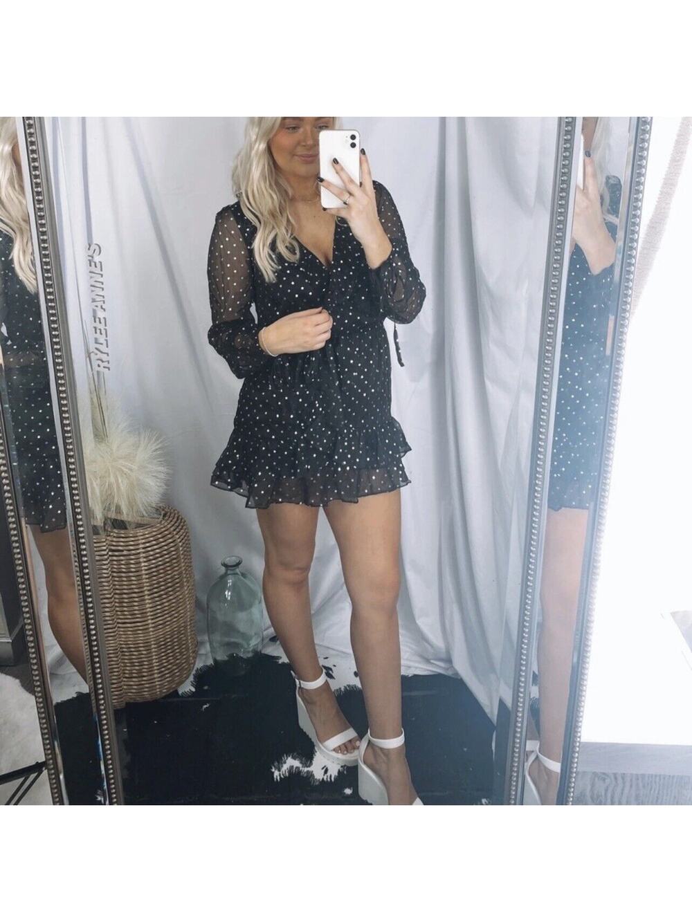 NWT Black and silver star V-neck ruffle with belt tie sheer sleeves mini dress